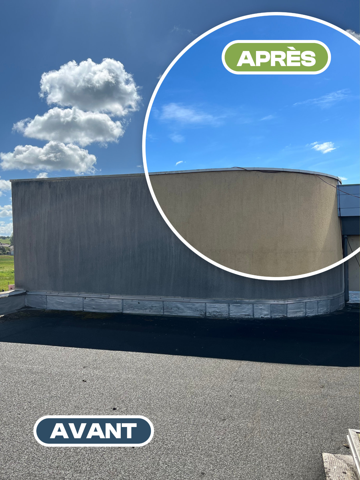 Façade — Bâtiment public — avant après nettoyage par drone