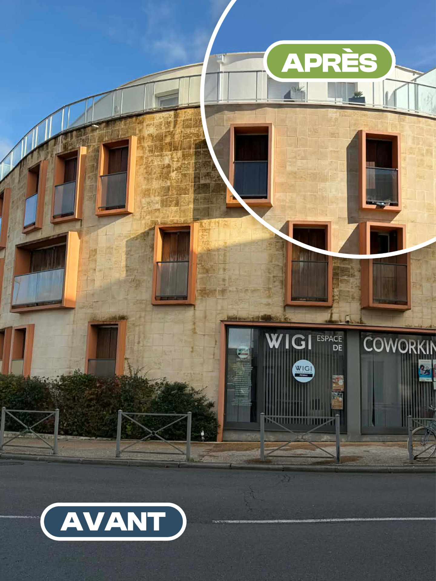 Façade — Espace coworking — avant après nettoyage par drone