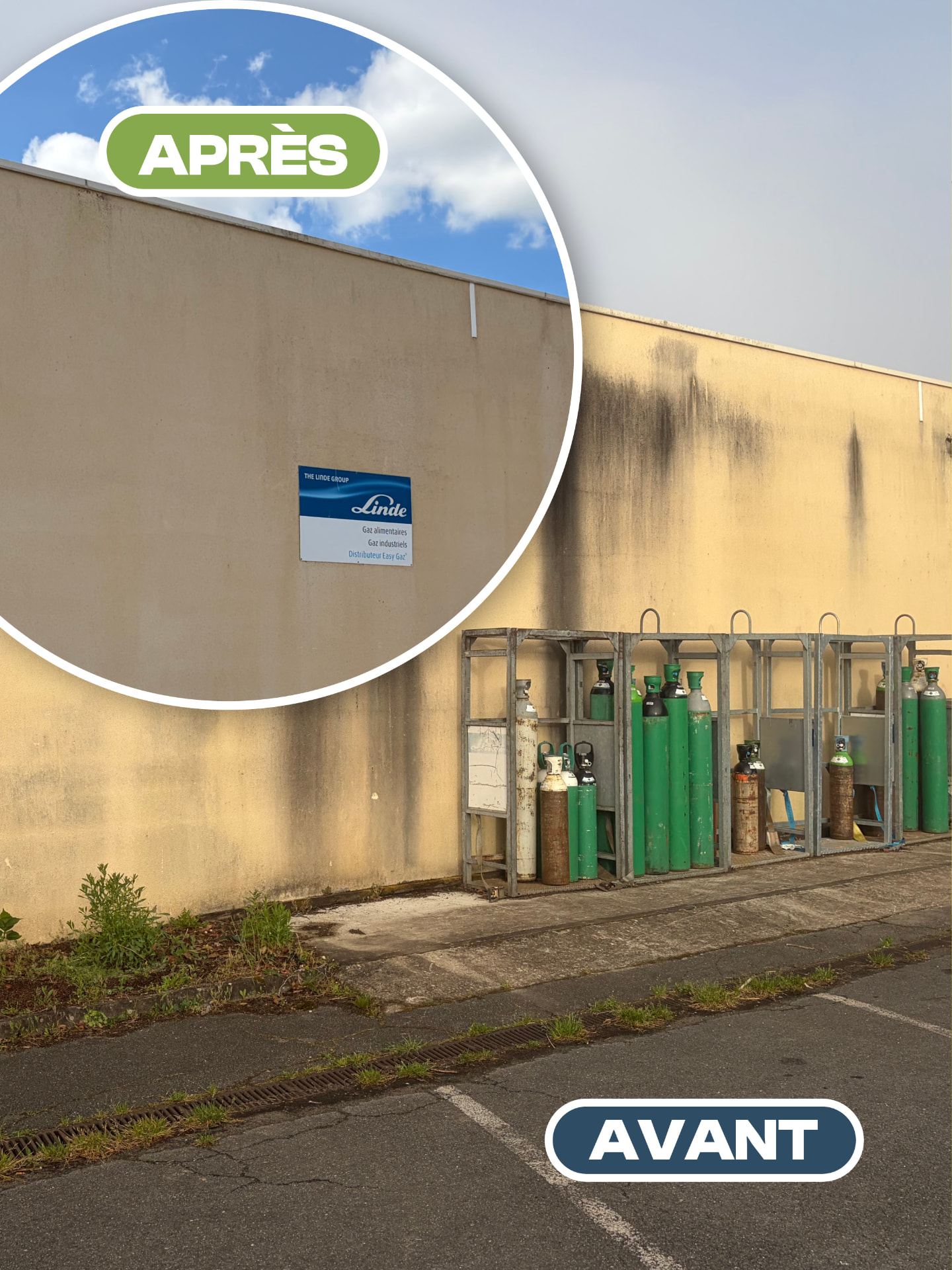 Façade — Entrepôt industriel — avant après nettoyage par drone