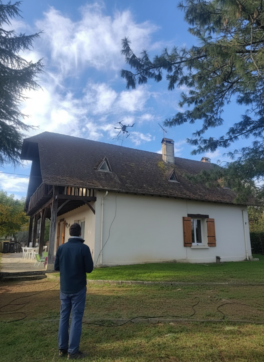 Démoussage et nettoyage de toiture par drone professionnel