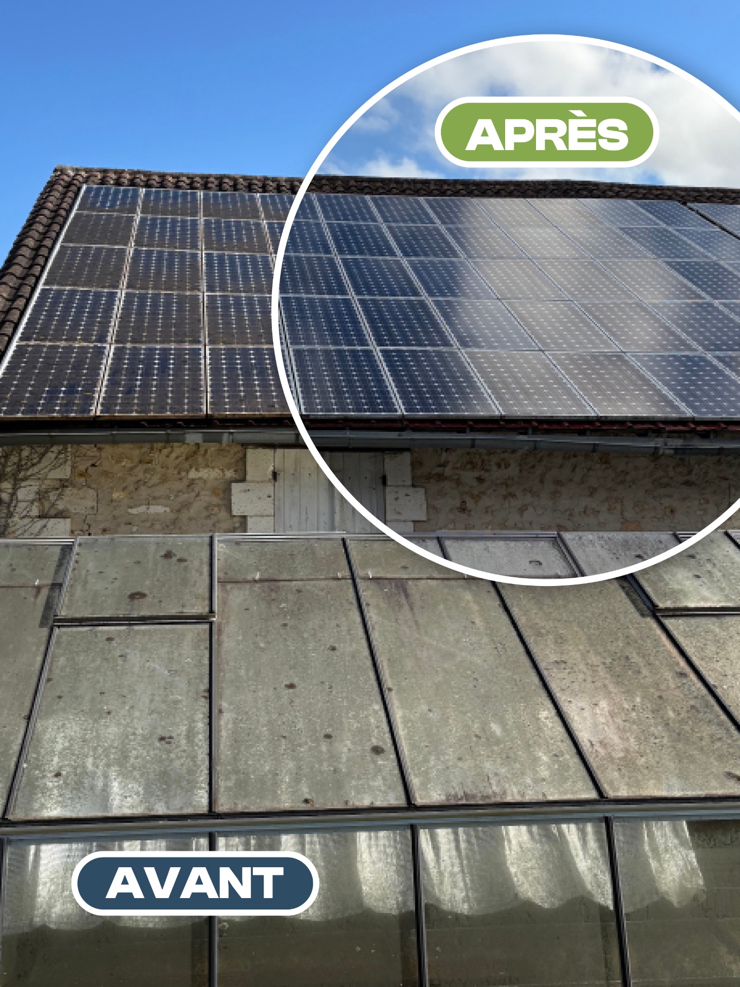 Panneaux solaires — Toiture — avant après nettoyage par drone