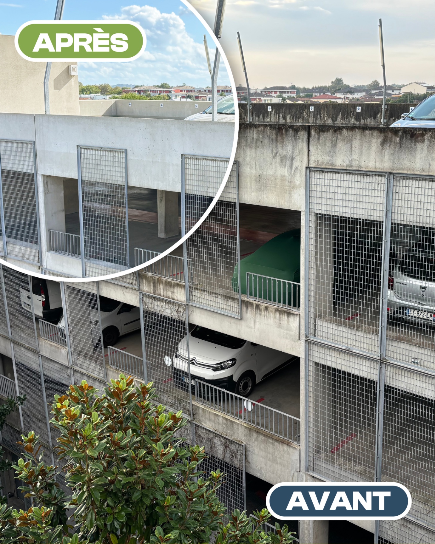 Façade — Parking — avant après nettoyage par drone
